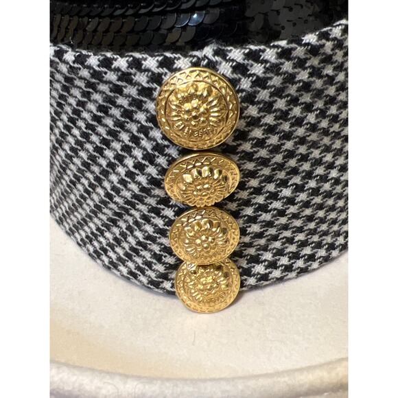 Vintage Women\'s White black Wool Hounds Tooth Gold Buttons Sequins Hat Size One